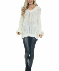 Fantastic Fawn Cream V Neck Long Sleeve Ribbed Knit Sweater