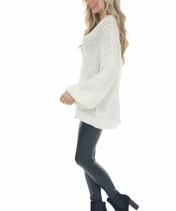 Fantastic Fawn Cream V Neck Long Sleeve Ribbed Knit Sweater