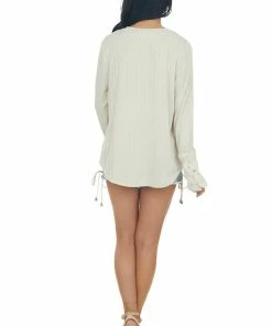 SugarFox Tops Cream V Neck Long Sleeve Textured Knit Top