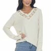 SugarFox Tops Cream V Neck Long Sleeve Textured Knit Top