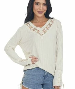 SugarFox Tops Cream V Neck Long Sleeve Textured Knit Top