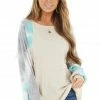 American Chic Tops Cream Waffle Knit Long Sleeve Top With Tie Dye Detail