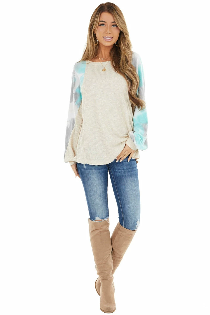 American Chic Tops Cream Waffle Knit Long Sleeve Top With Tie Dye Detail 5 American Chic Tops Cream Waffle Knit Long Sleeve Top With Tie Dye Detail