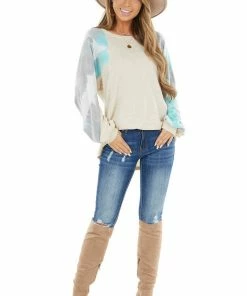 American Chic Tops Cream Waffle Knit Long Sleeve Top With Tie Dye Detail 22 American Chic Tops Cream Waffle Knit Long Sleeve Top With Tie Dye Detail