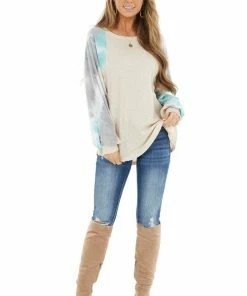 American Chic Tops Cream Waffle Knit Long Sleeve Top With Tie Dye Detail 19 American Chic Tops Cream Waffle Knit Long Sleeve Top With Tie Dye Detail