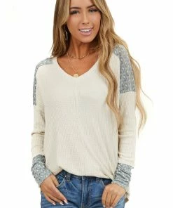 7th Ray Cream Waffle Knit Top With Blue Paisley Contrast Detail Tops