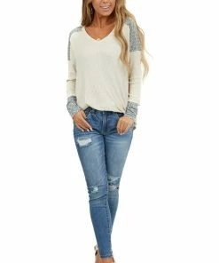 7th Ray Cream Waffle Knit Top With Blue Paisley Contrast Detail Tops