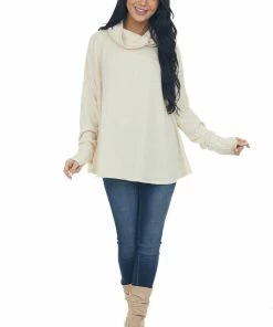 143 Story Tops Cream Wide Fit Cowl Neck Brushed Knit Top