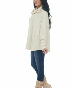 143 Story Tops Cream Wide Fit Cowl Neck Brushed Knit Top