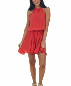 Haptics Dresses Crimson Halter Neck Elastic Waist Woven Romper 10 Haptics Dresses Crimson Halter Neck Elastic Waist Woven Romper