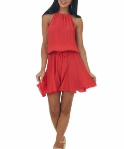 Haptics Dresses Crimson Halter Neck Elastic Waist Woven Romper