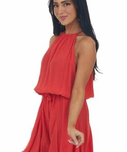 Haptics Dresses Crimson Halter Neck Elastic Waist Woven Romper 11 Haptics Dresses Crimson Halter Neck Elastic Waist Woven Romper