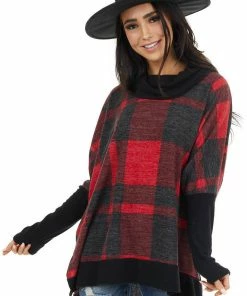 First Love Crimson And Charcoal Buffalo Plaid Long Sleeve Oversized Top
