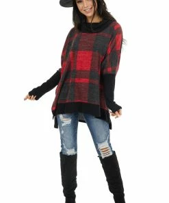 First Love Crimson And Charcoal Buffalo Plaid Long Sleeve Oversized Top