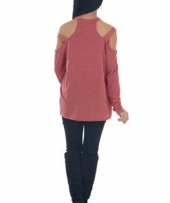 143 Story Crimson Cold Shoulder Mock Neck Knit Top Tops