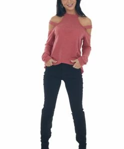 143 Story Crimson Cold Shoulder Mock Neck Knit Top Tops