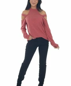 143 Story Crimson Cold Shoulder Mock Neck Knit Top Tops