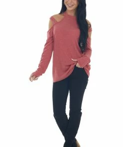 143 Story Crimson Cold Shoulder Mock Neck Knit Top Tops