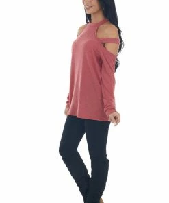 143 Story Crimson Cold Shoulder Mock Neck Knit Top Tops