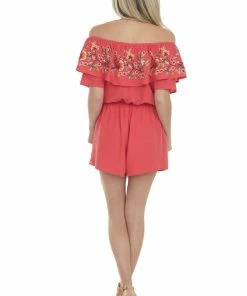 Davi & Dani Crimson Floral Embroidered Off Shoulder Romper 16 Davi & Dani Crimson Floral Embroidered Off Shoulder Romper