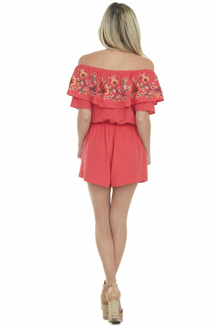 Davi & Dani Crimson Floral Embroidered Off Shoulder Romper 9 Davi & Dani Crimson Floral Embroidered Off Shoulder Romper