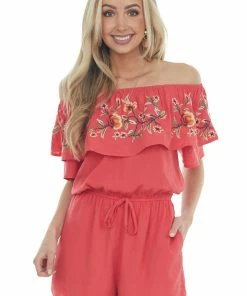 Davi & Dani Crimson Floral Embroidered Off Shoulder Romper