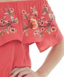 Davi & Dani Crimson Floral Embroidered Off Shoulder Romper 17 Davi & Dani Crimson Floral Embroidered Off Shoulder Romper