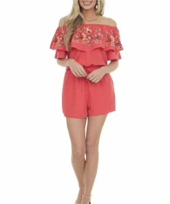 Davi & Dani Crimson Floral Embroidered Off Shoulder Romper 14 Davi & Dani Crimson Floral Embroidered Off Shoulder Romper