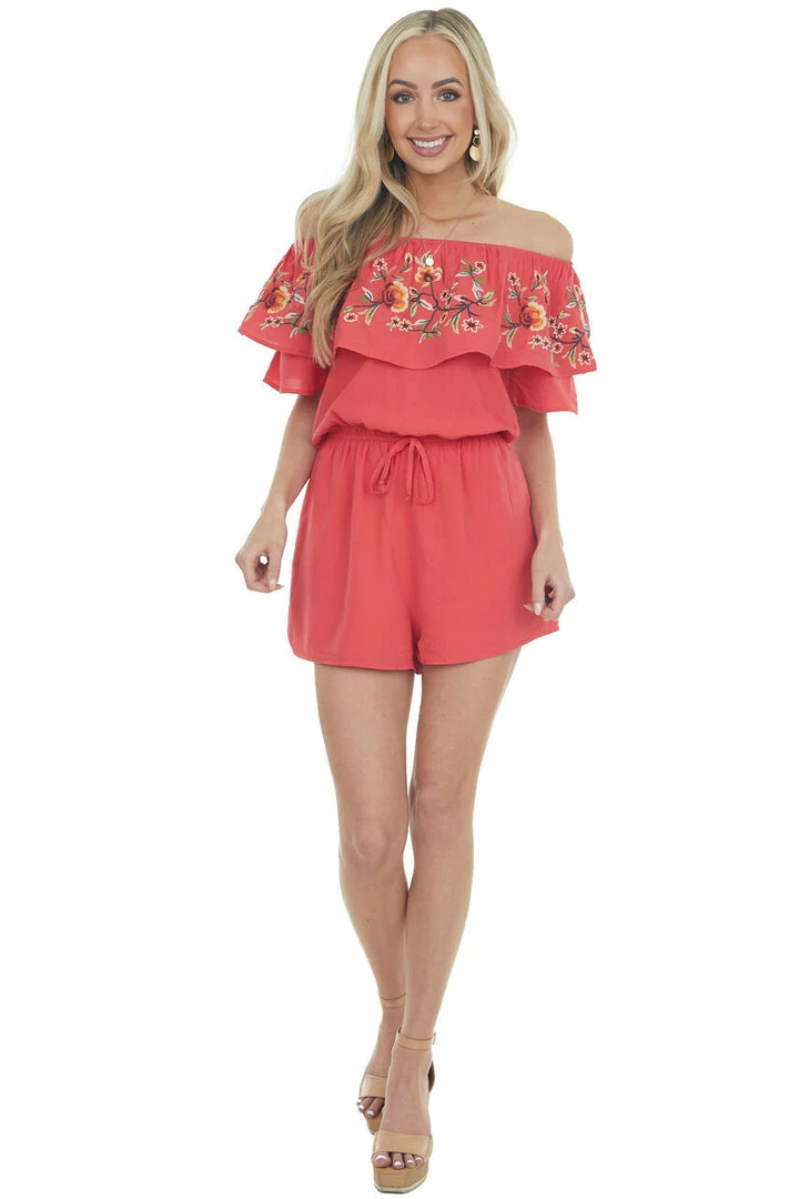 Davi & Dani Crimson Floral Embroidered Off Shoulder Romper 5 Davi & Dani Crimson Floral Embroidered Off Shoulder Romper