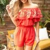 Davi & Dani Crimson Floral Embroidered Off Shoulder Romper 2 Davi & Dani Crimson Floral Embroidered Off Shoulder Romper