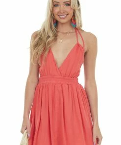 HYFVE Coral Halter Tie Open Back Woven Mini Dress Dresses