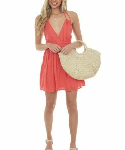 HYFVE Coral Halter Tie Open Back Woven Mini Dress Dresses