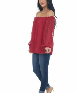 SugarFox Crimson Off Shoulder Long Bubble Sleeve Lace Top