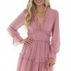 BiBi Dark Blush Sheer Sleeve Frill Tiered Dress Dresses