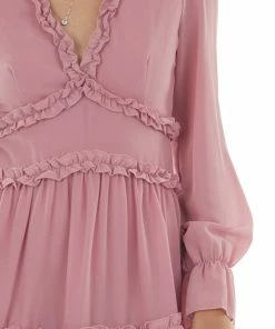 BiBi Dark Blush Sheer Sleeve Frill Tiered Dress Dresses