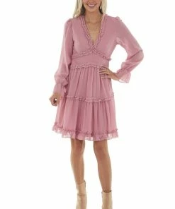 BiBi Dark Blush Sheer Sleeve Frill Tiered Dress Dresses