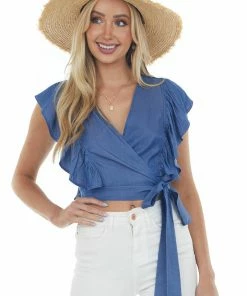 Glam Dark Chambray Wrap Style Cropped Blouse Tops
