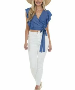 Glam Dark Chambray Wrap Style Cropped Blouse Tops