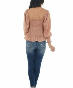 Blu Pepper Dark Coral Dotted Smocked Bodice Peplum Blouse Tops