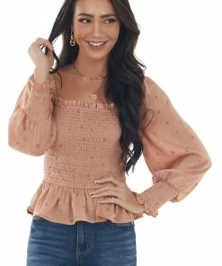 Blu Pepper Dark Coral Dotted Smocked Bodice Peplum Blouse Tops