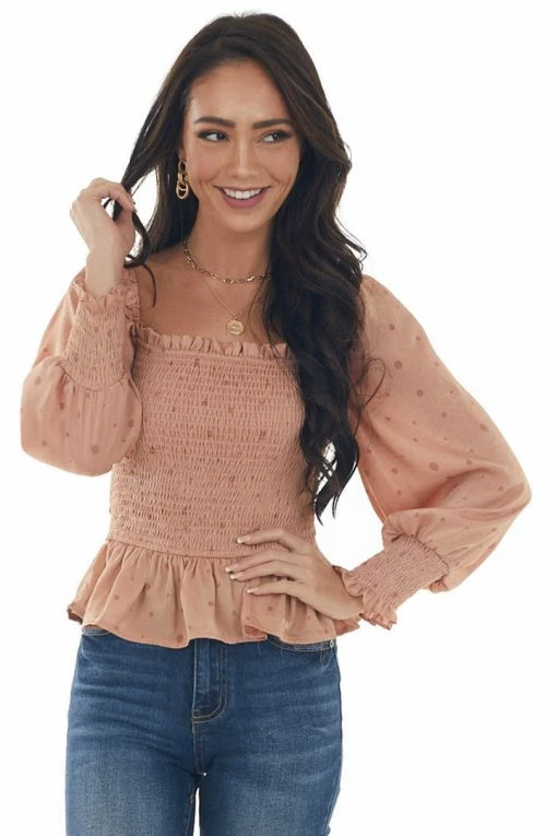 Blu Pepper Dark Coral Dotted Smocked Bodice Peplum Blouse Tops 12 Blu Pepper Dark Coral Dotted Smocked Bodice Peplum Blouse Tops