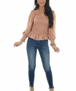 Blu Pepper Dark Coral Dotted Smocked Bodice Peplum Blouse Tops