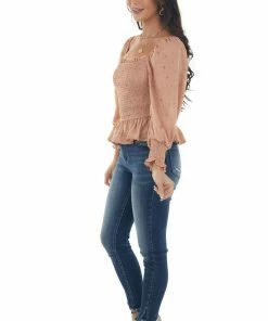 Blu Pepper Dark Coral Dotted Smocked Bodice Peplum Blouse Tops