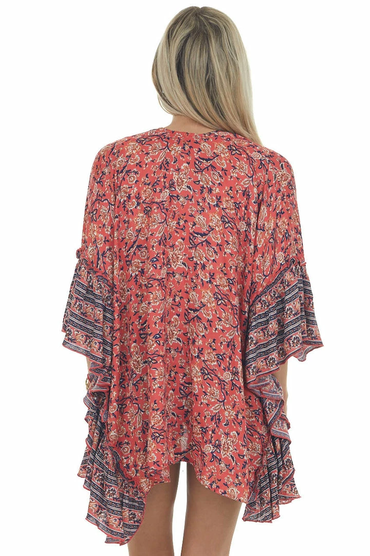 ANGIE Dark Coral Floral Print Ruffle Sleeve Kimono Tops 7 ANGIE Dark Coral Floral Print Ruffle Sleeve Kimono Tops