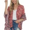 ANGIE Dark Coral Floral Print Ruffle Sleeve Kimono Tops