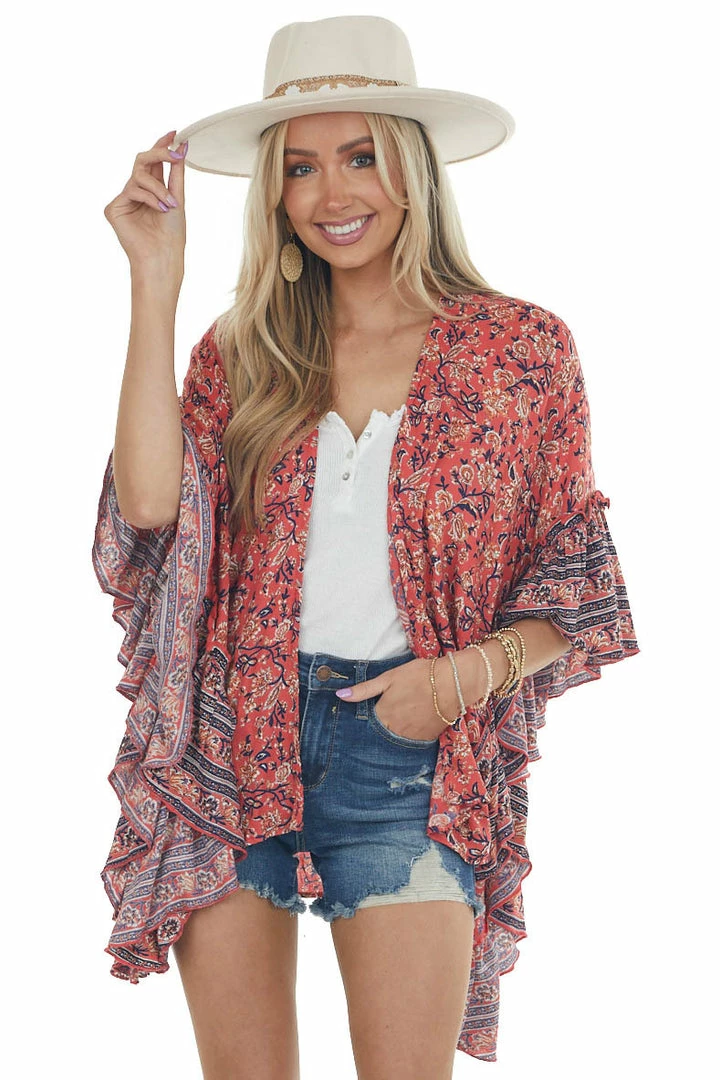 ANGIE Dark Coral Floral Print Ruffle Sleeve Kimono Tops 3 ANGIE Dark Coral Floral Print Ruffle Sleeve Kimono Tops