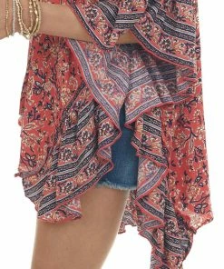 ANGIE Dark Coral Floral Print Ruffle Sleeve Kimono Tops 13 ANGIE Dark Coral Floral Print Ruffle Sleeve Kimono Tops