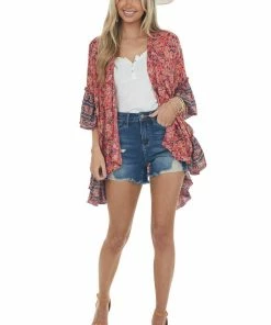 ANGIE Dark Coral Floral Print Ruffle Sleeve Kimono Tops