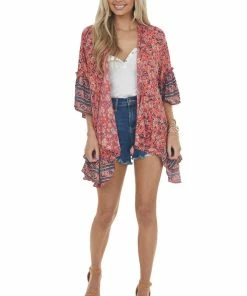 ANGIE Dark Coral Floral Print Ruffle Sleeve Kimono Tops 10 ANGIE Dark Coral Floral Print Ruffle Sleeve Kimono Tops