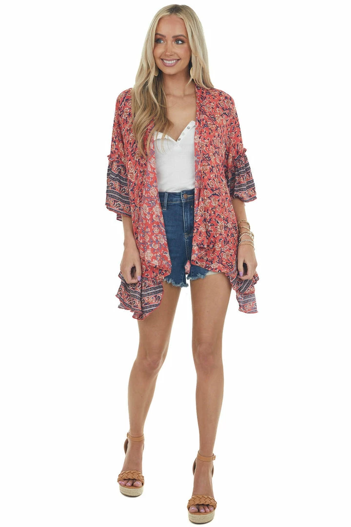ANGIE Dark Coral Floral Print Ruffle Sleeve Kimono Tops 5 ANGIE Dark Coral Floral Print Ruffle Sleeve Kimono Tops